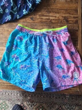 Mens chubbies Neon Yellow & Blue Colorblock Dino Swim Trunks Med